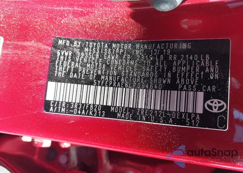 2020 Toyota Corolla Le из США, поврежденный, VIN 5YFEPRAE6LP094640